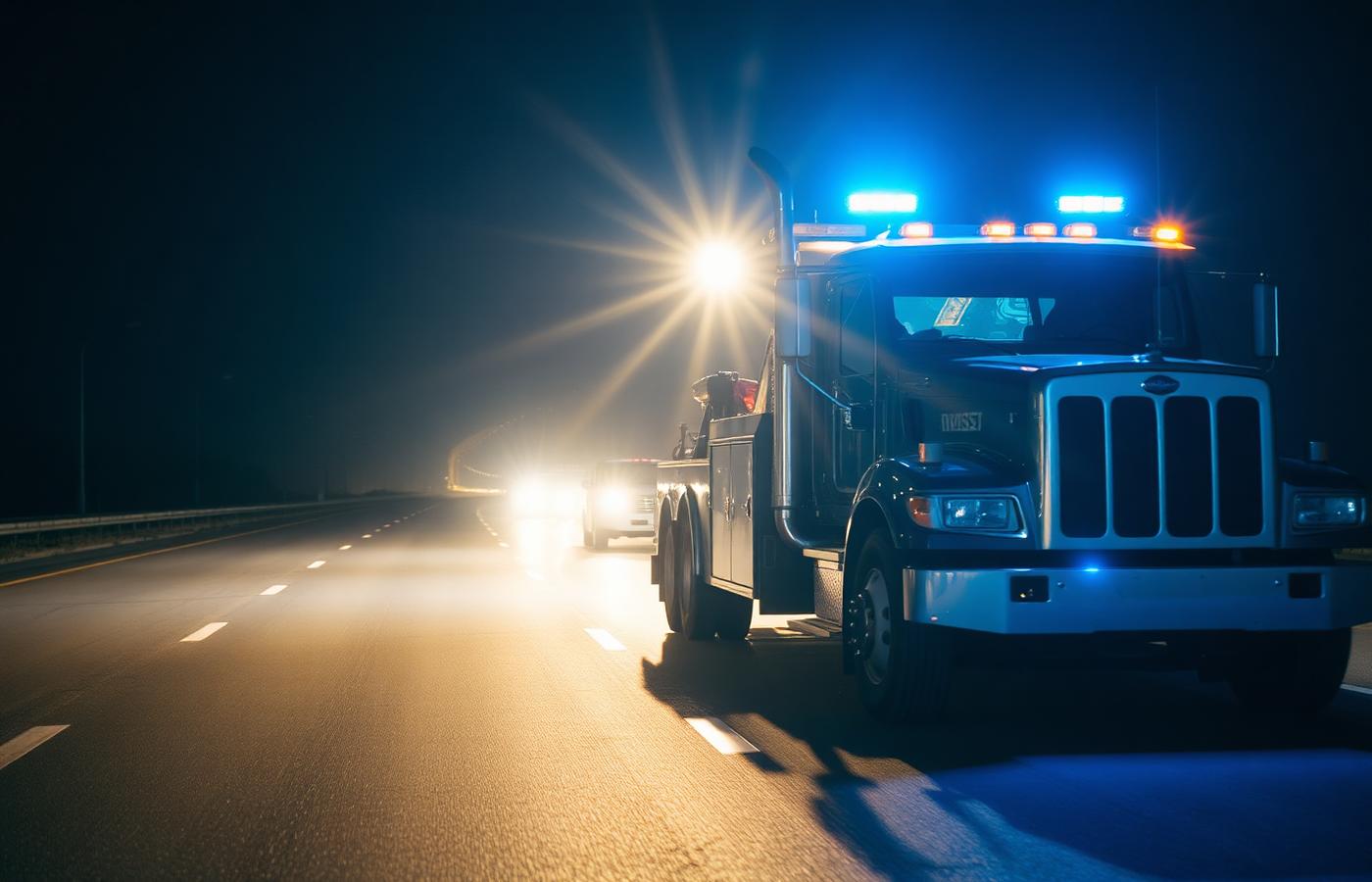 Tow truck providing roadside assistance at night